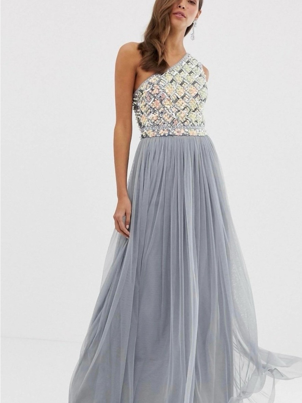 ASOS One-Shoulder Sequined Bodice Maxi Dress in Light Gray and Iridescent